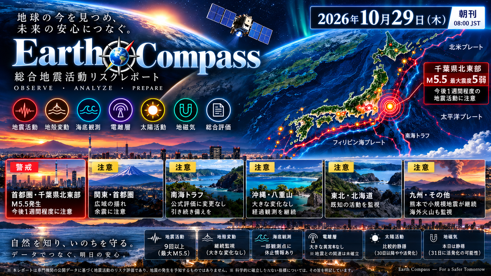 日本列島の地震活動や宇宙天気に関する最新リスクレポート。千葉県北東部のM5.5地震を速報でお届け。